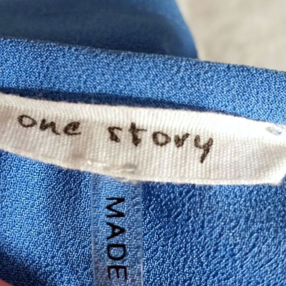 ONE STORY BLUE SHIFT DRESS W/SCALLOPED SLEEVES SZ.L EUC - Picture 7 of 8